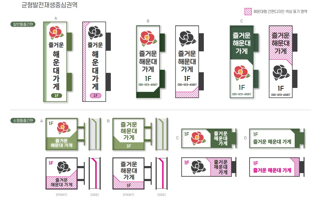 균형발전재생중심권역 일반돌출간판 디자인 예시 A,B,C 각 2종과 소형돌출간판 디자인 예시 A,B,C,D 각 2종