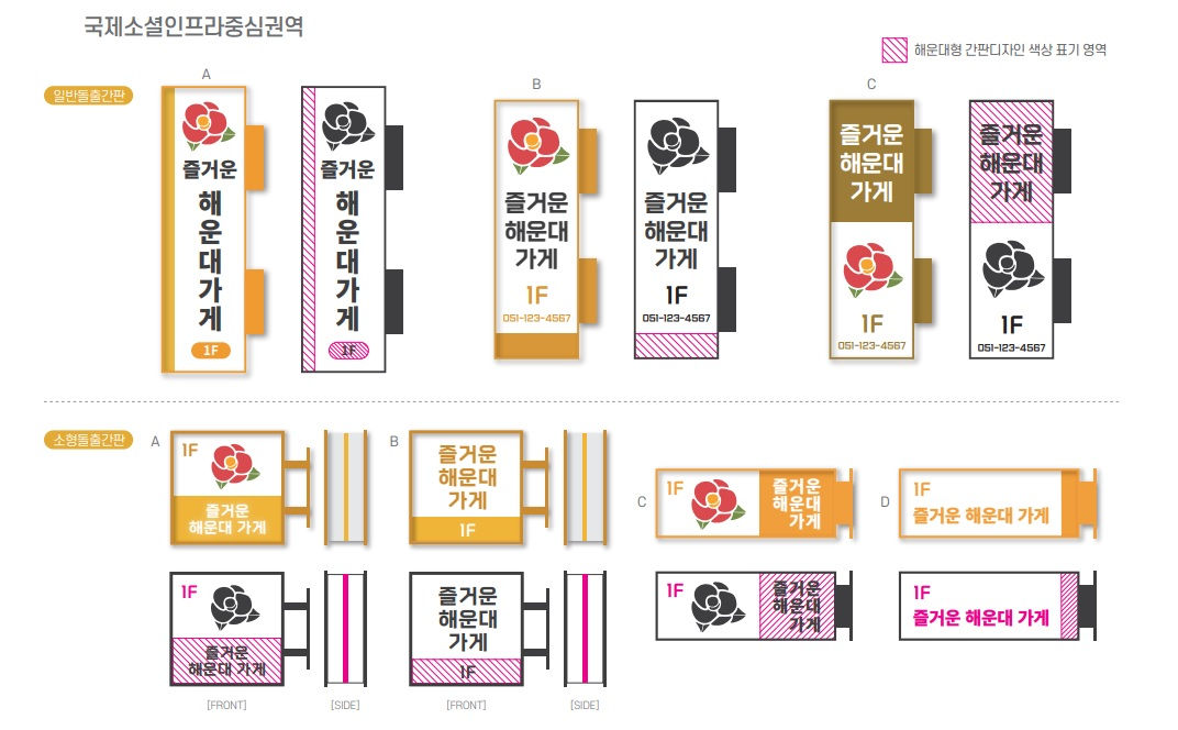국제소셜인프라중심권역 일반돌출간판 디자인 예시 A,B,C 각 2종과 소형돌출간판 디자인 예시 A,B,C,D 각 2종