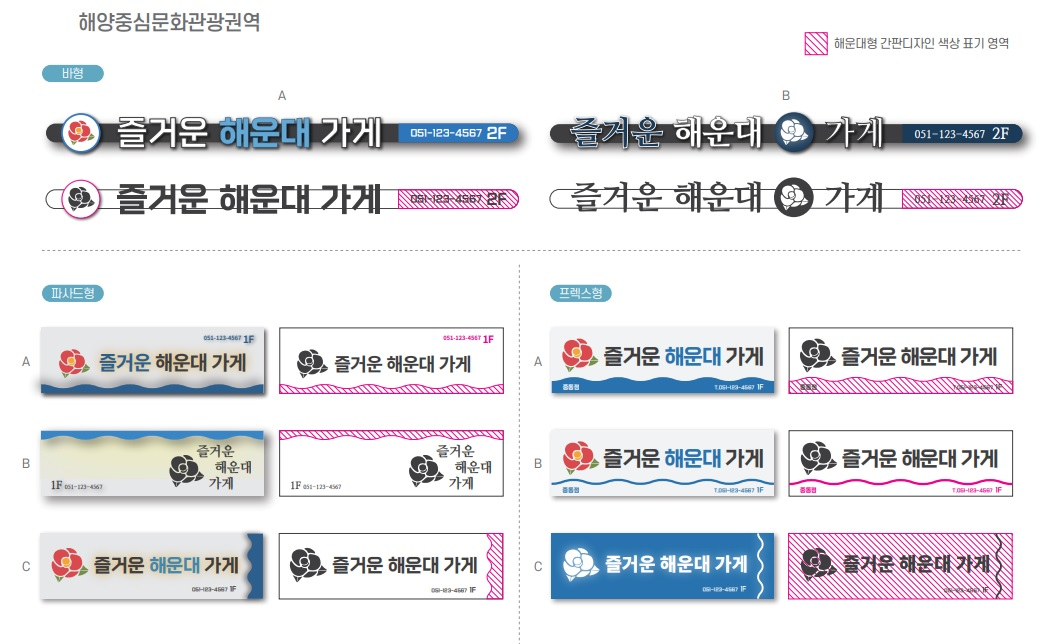 해양중심문화관광권역 바형 디자인 예시 A,B 각 2종과 파사드형 디자인 예시 A,B,C 각 2종, 프렉스형 디자인 예시 A,B,C 각 2종