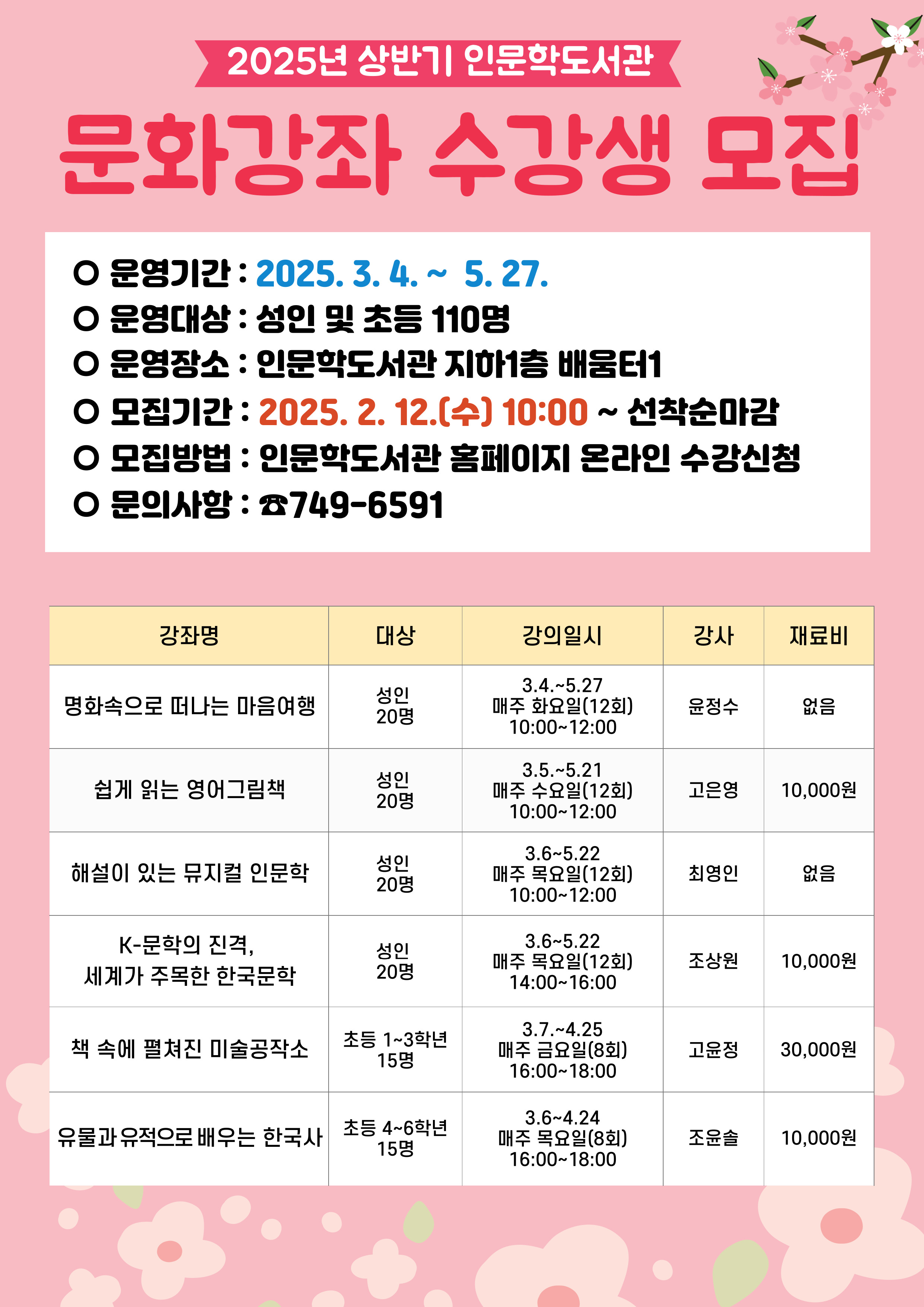 2025년 인문학도서관 상반기 문화강좌 안내