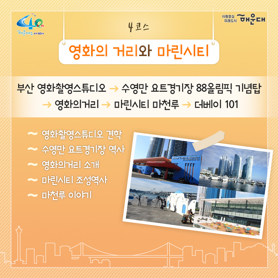 01. 
해설사와 도보로 떠나는 역사·문화·생태 탐방
해운대, 소소한 여행을 담다

02.
1코스 해운대의 시작, 동백섬
동백섬 입구→최치원 동상→누리마루→등대→해운대석각→출렁다리→황옥공주동상→조선비치호텔
 - 동백섬 생성 일대기
 - 동백섬 자연생태
 - 최치원 선생 일대기
 - 누리마루 건축 이야기
 - APEC 정상회담
 - 해운대 석각 전설
 - 확옥공주 전설

03. 
2코스 낭만 가득한 달맞이 언덕
해월정→달맞이언덕 전망대→문텐로드→달맞이 어울마당
 - 달맞이언덕 유래
 - 해월정의 유래
 - 와우산 전설
 - 춘원 이광수 이야기
 - 달맞이언덕 생태
 - 동해남부선 역사

04.
3코스 센텀시티 건축물 투어
영화의 전당→임권택 영화 박물관→벡스코, 부산시립미술관
 - 영화의전당 시설견학
 - 센텀시티 유래
 - 수영비행장 이야기
 - 임권택 영화 박물관 견학
 - 주요 건축물 해설

05. 
4코스 영화의 거리와 마린시티
부산 영화촬영스튜디오→ 수영만 요트경기장 88올림픽 기념탑→영화의거리→마린시티 마천루→더베이101
 - 영화촬영 스튜디오 견학
 - 수영만 요트경직장 역사
 - 영화의거리 소개
 - 마린시티 조성역사
 - 마천루 이야기

06.
5코스 푸른 바다마을 청사포
해월정사→마을 벽화거리→망부송→물양장, 등대→송장군비→구석기유적→다릿돌전망대
 - 청사포의 어원과 역사
 - 해월정사 성철스님 이야기
 - 망부송 전설
 - 미역밭 이야기
 - 손장군비 이야기
 - 구석기 유적 역사
 - 다릿돌의 어원과 배경

07.
6코스 항일운동 역사와 생태의 보고, 장산
대천공원→절골→항일촛불의거→이산표석→이모준공덕비→양윤폭포→모정원(애국지사 강근호 선생)
 - 절골의 유래
 - 항일촛불의거 이야기
 - 이산표석 이야기
 - 이모준공덕비 이야기 
 - 양운폭포와 장산의 생태
 - 모정원의 유래
 - 애국지사 강근호선생 이야기

08.
야간코스 1 대한민국 야경 1번지 동백섬&마린시티
동백섬 입구→최치원동상→누리마루→등대→해운대석각→출렁다리→황옥공주동상→조선비치호텔
 - 동백섬 등대광장에서 마라보는 누리마루 APEC하우스와 광안대교
 - 동백섬 선착장에서 바라보는 마린시티

09.
야간코스2 달빛 따라 걷는 달맞이언덕&문텐로드
해월정→달맞이언덕 전망대→문텐로드→달맞이어울성당
 - 해월정에서 바라보는 월출
 - 달맞이언덕 문텐로드
 - 달맞이언덕에서 바라보는 해운대해수욕장

10.
잔잔한 빛의 향연 센텀시티&영화의 전당
영화의전당→벡스코, 부산시립미술관
 - APEC나루공원에서 바라보는 영화의 전당
 - 수영강변 야경

11. 
7명 이상이 모여 신청하면 원하는 시간에 해설사와 함께 소소한 여행을 떠나실 수 있어요!
- 운영기간: 연중 신청자 맞춤 운영(주말, 야간도 가능)
- 신청기준: 7명 이상이 모여 신청
- 소요시간: 코스별 90분
- 진행방법: 향토해설사와 함께 신청한 코스를 도보로 탐방
- 비용: 무료
- 문의: 749-5631(소통협력과 평생교육팀)
 5번째 이미지