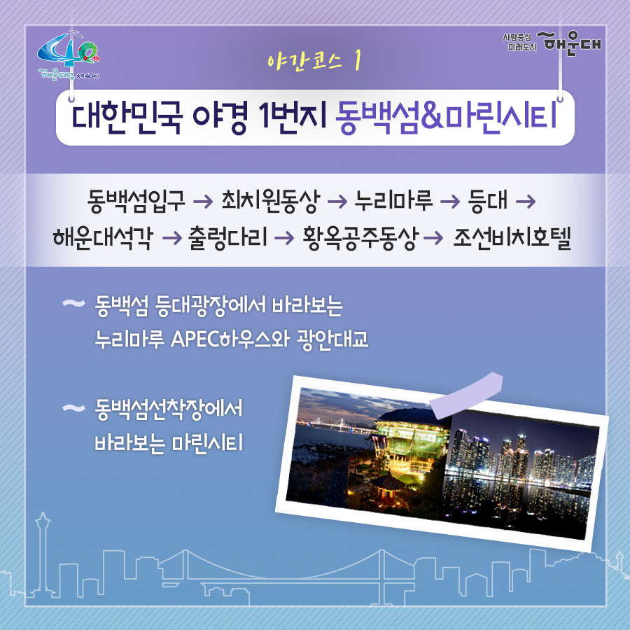 01. 
해설사와 도보로 떠나는 역사·문화·생태 탐방
해운대, 소소한 여행을 담다

02.
1코스 해운대의 시작, 동백섬
동백섬 입구→최치원 동상→누리마루→등대→해운대석각→출렁다리→황옥공주동상→조선비치호텔
 - 동백섬 생성 일대기
 - 동백섬 자연생태
 - 최치원 선생 일대기
 - 누리마루 건축 이야기
 - APEC 정상회담
 - 해운대 석각 전설
 - 확옥공주 전설

03. 
2코스 낭만 가득한 달맞이 언덕
해월정→달맞이언덕 전망대→문텐로드→달맞이 어울마당
 - 달맞이언덕 유래
 - 해월정의 유래
 - 와우산 전설
 - 춘원 이광수 이야기
 - 달맞이언덕 생태
 - 동해남부선 역사

04.
3코스 센텀시티 건축물 투어
영화의 전당→임권택 영화 박물관→벡스코, 부산시립미술관
 - 영화의전당 시설견학
 - 센텀시티 유래
 - 수영비행장 이야기
 - 임권택 영화 박물관 견학
 - 주요 건축물 해설

05. 
4코스 영화의 거리와 마린시티
부산 영화촬영스튜디오→ 수영만 요트경기장 88올림픽 기념탑→영화의거리→마린시티 마천루→더베이101
 - 영화촬영 스튜디오 견학
 - 수영만 요트경직장 역사
 - 영화의거리 소개
 - 마린시티 조성역사
 - 마천루 이야기

06.
5코스 푸른 바다마을 청사포
해월정사→마을 벽화거리→망부송→물양장, 등대→송장군비→구석기유적→다릿돌전망대
 - 청사포의 어원과 역사
 - 해월정사 성철스님 이야기
 - 망부송 전설
 - 미역밭 이야기
 - 손장군비 이야기
 - 구석기 유적 역사
 - 다릿돌의 어원과 배경

07.
6코스 항일운동 역사와 생태의 보고, 장산
대천공원→절골→항일촛불의거→이산표석→이모준공덕비→양윤폭포→모정원(애국지사 강근호 선생)
 - 절골의 유래
 - 항일촛불의거 이야기
 - 이산표석 이야기
 - 이모준공덕비 이야기 
 - 양운폭포와 장산의 생태
 - 모정원의 유래
 - 애국지사 강근호선생 이야기

08.
야간코스 1 대한민국 야경 1번지 동백섬&마린시티
동백섬 입구→최치원동상→누리마루→등대→해운대석각→출렁다리→황옥공주동상→조선비치호텔
 - 동백섬 등대광장에서 마라보는 누리마루 APEC하우스와 광안대교
 - 동백섬 선착장에서 바라보는 마린시티

09.
야간코스2 달빛 따라 걷는 달맞이언덕&문텐로드
해월정→달맞이언덕 전망대→문텐로드→달맞이어울성당
 - 해월정에서 바라보는 월출
 - 달맞이언덕 문텐로드
 - 달맞이언덕에서 바라보는 해운대해수욕장

10.
잔잔한 빛의 향연 센텀시티&영화의 전당
영화의전당→벡스코, 부산시립미술관
 - APEC나루공원에서 바라보는 영화의 전당
 - 수영강변 야경

11. 
7명 이상이 모여 신청하면 원하는 시간에 해설사와 함께 소소한 여행을 떠나실 수 있어요!
- 운영기간: 연중 신청자 맞춤 운영(주말, 야간도 가능)
- 신청기준: 7명 이상이 모여 신청
- 소요시간: 코스별 90분
- 진행방법: 향토해설사와 함께 신청한 코스를 도보로 탐방
- 비용: 무료
- 문의: 749-5631(소통협력과 평생교육팀)
 8번째 이미지