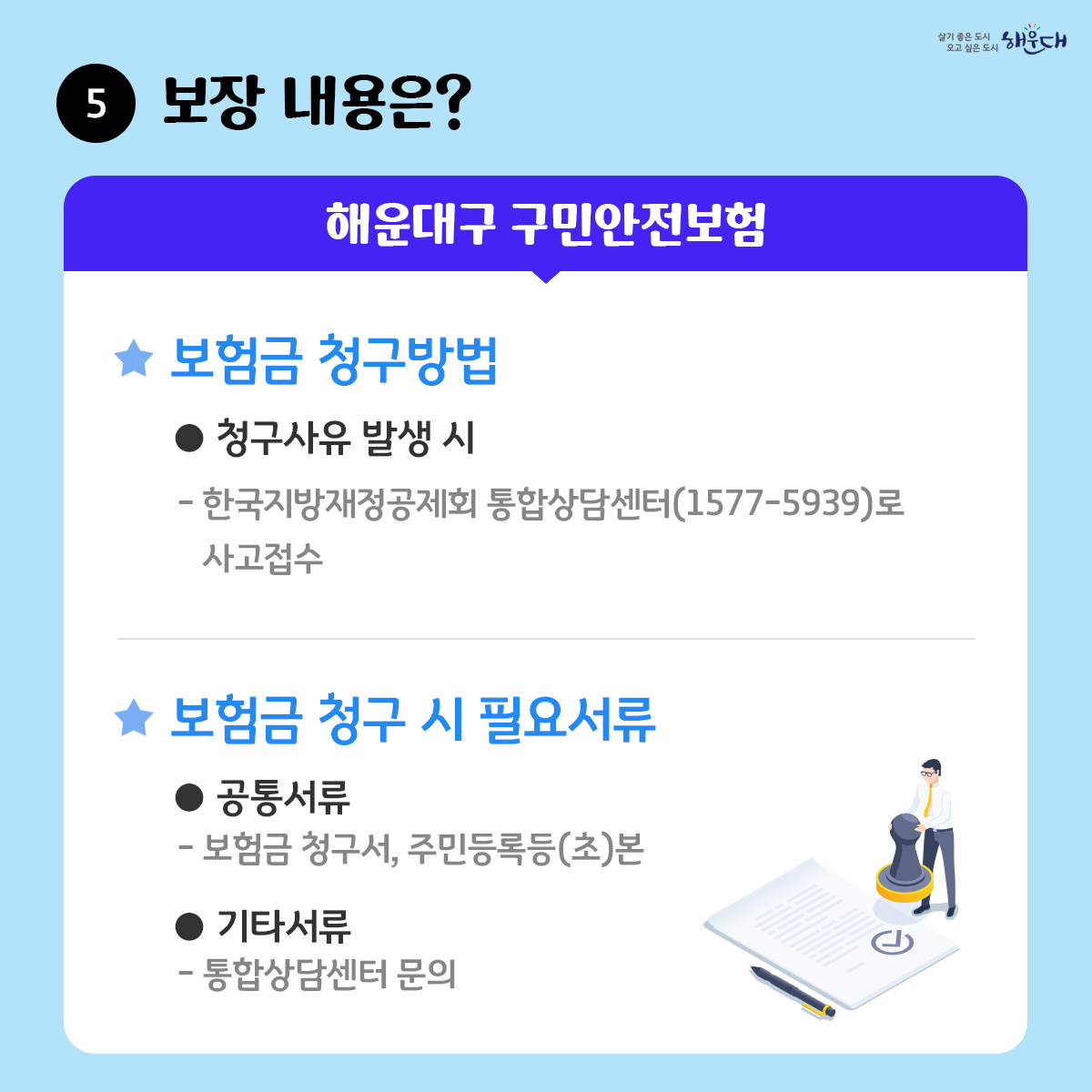 해운대구민이라면 누구나 자동으로 가입되는

해운대구
구민안전보험

2023년 최대 17개 항목 보장(해운대구9, 부산시8)

해운대구 재난안전과 ☎ 051-749-4641~7 7번째 이미지