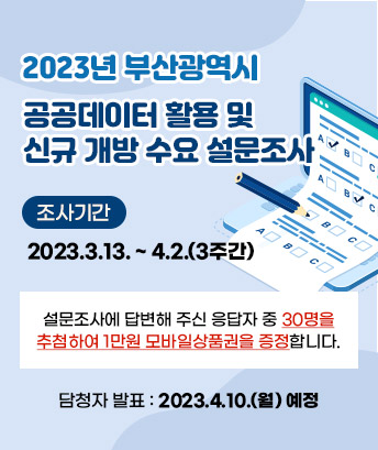 2023년 부산광역시
공공데이터 활용 및
신규 개방 수요 설문조사

조사기간 : 2023.3.13. ~ 4.2.(3주간)

설문조사에 답변해 주신 응답자 중 30명을
추첨하여 1만원 모바일상품권을 증정합니다.

담청자 발표 : 2023.4.10.(월) 예정