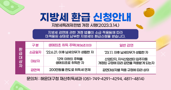 지방세 환급 신청 안내
지방세특례제한법 개정 시행(2023.3.14.)

지방세 감면에 관한 개정 법률이 소급 적용됨에 따라
미적용된 상태로 납부한 지방세의 환급신청을 받습니다.

환급대상자
- 생애최초 취득 주택(제36조의3) 
소급일자 : ‘22.6.21. 이후 납세의무가 성립한 자
대상자 : 12억 이하의 주택을 생애최초로 취득한 자
감면액 : 200만원을 한도로 취득세 면제

-일반 감면
소급일자 : ‘23.1.1. 이후 납세의무가 성립한 자
대상자 : 산업단지, 지식산업센터 입주자등 개정된 규정에 따라 감면을 적용받게 되는자
감면액 : 감면대상자별 적용 규정에 따라 상이 


문의처 : 해운대구청 재산취득세과 (051-749-4291~4294, 4811~4814)