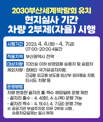 2030부산세계박람회 유치 현지실사 기간 차량 2부제(자율) 시행

시행기간 : 2023. 4. 4.(화) ~ 4.7(금) 07:00~20:00 ▹4일간

적용지역 : 부산광역시 전역

대상차량 : 10인승 이하 비영업용 승용차 및 승합차
- 제외차량 : 장애인･국가유공자차량, 긴급용･외교용･보도용･임산부･유아동승 차량, 타시도 차량 등

운영방법 : 차량 번호판 끝자리 홀‧짝수 해당일에 운행 제한
- 끝자리 홀수 :  4. 4(화), 4. 6.(목) 운행 가능
- 끝자리 짝수 :  4. 5(수), 4. 7.(금) 운행 가능
※ 공공기관 부설주차장 의무 2부제 시행 , 승용차요일제는 일시 해제