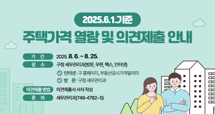 2025.6.1.기준 주택가격 열람 및 의견제출 안내

○ 기 간: 2025. 8. 6. ~ 8. 25.
○ 장 소 구청 세무관리과(방문, 우편, 팩스, 인터넷)
▷ 인터넷: 구 홈페이지, 부동산공시가격알리미
▷ 방문: 구청 세무관리과
○ 의견제출 방법: 의견제출서 서식 작성
○ 문 의: 세무관리과(749-4782~5)
