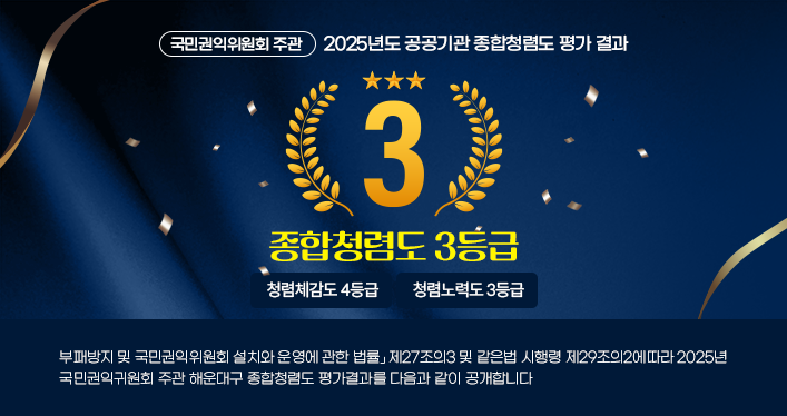 2025년도 국민권익위원회 주관 종합청렴도 평가결과
국민권익위원회 주관
2025년도 공공기관 종합청렴도 평가 결과
종합청렴도 3등급
청렴체감도 4등급 / 청렴노력도 3등급
부패방지 및 국민권익위원회 설치와 운영에 관한 법률」 제27조의3 및 같은법 시행령 제29조의2에 따라 2025년 국민권익귀원회 주관 해운대구 종합청렴도 평가결과를 다음과 같이 공개합니다