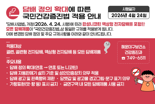 담배 정의 확대에 따른 국민건강증진법 적용 안내

「담배사업법」 개정(2026. 4. 24. 시행)에 따라 합성니코틴 액상형 전자담배를 포함한 모든 담배제품이 「국민건강증진법」상 동일한 규제를 적용받게 됩니다. 이에 변경된 담배 정의 및 주요 규제사항을 아래와 같이 안내드립니다.

적용대상: 궐련, 궐련형 전자담배, 액상형 전자담배 등 모든 담배제품
주요내용
○ 담배 정의 확대(연초 → 연초 또는 니코틴)
○ 담배 자동판매기 설치 기준 및 성인인증장치 의무 적용
○ 담배 광고 및 판촉행위 제한
○ 담뱃갑 및 광고물 경고그림·문구 표기 의무
○ 가향표현(맛·향 등) 표시 금지
○ 금연구역 내 모든 담배제품 사용 금지
시행일자: 2026년 4월 24일

문의사항: 해운대구보건소 건강증진과(☎749-6511)