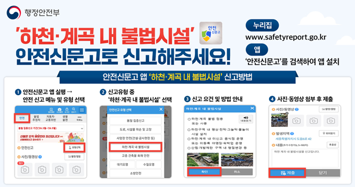하천ㆍ계곡 내 불법시설 안전신문고로 신고해주세요!

누리집 www.safetyreport.go.kr
앱 안전신문고를 검색하여 앱 설치

안전신문고 앱 하천ㆍ계곡 내 불법시설 신고방법

1. 안전신문고 앱 실행 > 안전 신고 메뉴 및 유형 선택
2. 신고유형 중 하천ㆍ계곡 내 불법시설선택
3. 신고 요건 및 방법 안내
4. 사진ㆍ동영상 첨부 후 제출

