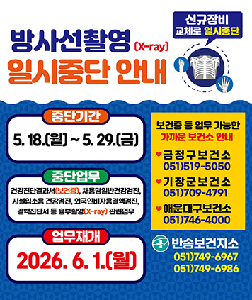 방사선촬영(X-ray) 일시중단 안내

신규장비 교체로 일시중단

중단기간 : 5.18.(월)~5.29.(금)
중단업무 : 건강진단결과서(보건증), 채용형일반건강검진, 시설입소용 건강검진, 외국인비자용결핵검진, 결핵진단서 등 흉부촬영(X-ray) 관련업무
업무재개 : 2026.6.1.(월)

보건증 등 업무 가능한 가까운 보건소 안내

금정구보건소 051)519-5050
기장군보건소 051)709-4791
해운대구보건소 051)746-4000

반송보건지소
051)749-6967
051)749-6986