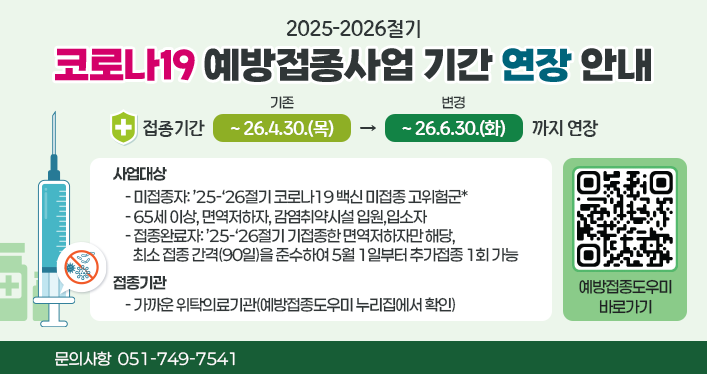 2025-2026절기 코로나19 예방접종사업 기간 연장 안내
- 접종기간: (기존) ~ 26.4.30.(목) → (변경) ~ 26.6.30.(화)까지 연장
- 사업대상
    - 미접종자: ’25-‘26절기 코로나19 백신 미접종 고위험군*
    - 65세 이상, 면역저하자, 감염취약시설 입원,입소자
    - 접종완료자: ’25-‘26절기 기접종한 면역저하자만 해당, 최소 접종 간격(90일)을 준수하여 5월 1일부터 추가접종 1회 가능
- 접종기관: 가까운 위탁의료기관(예방접종도우미 누리집에서 확인)
- 문의사항: 051-749-7541