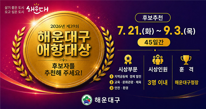 살기 좋은 도시 오고 싶은 도시  해운대
2026년 제39회
해운대구 애향대상
후보자를 추천해 주세요!
후보추천
7. 21.(화)~ 9. 3.(목) 45일간
시상부문 : 1) 지역공동체 경제 발전 2) 교육 · 문화관광 · 체육 3) 안전 · 환경
시상인원 : 3명 이내
훈격 : 해운대구청장
해운대구