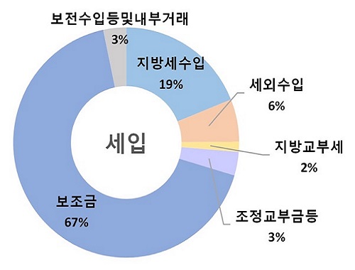 세입·세출예산 분야별 현황 그래프 이미지. 세입: 보조금67%, 보전수입 및 내부거래 3%, 지방세수입 19%, 세외수입 6%, 지방교부세 2%,
        조정교부금등 3%