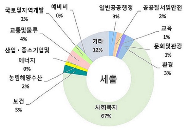 세출: 사회복지 67%, 보건 3%, 농림해양수산 2%, 산업중소기업 및 에너지 0%, 교통 및 물류 4%, 국토 및 지역개발 2%, 예비비 0%, 기타 12%, 일반공공행정 3%, 공공질서 및 안전 2%, 교육 1%, 문화 및 관광 1%, 환경 3%