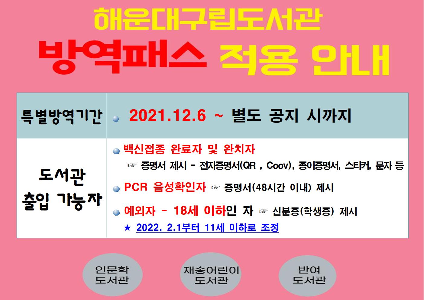 해운대구립도서관 방역패스 적용 안내