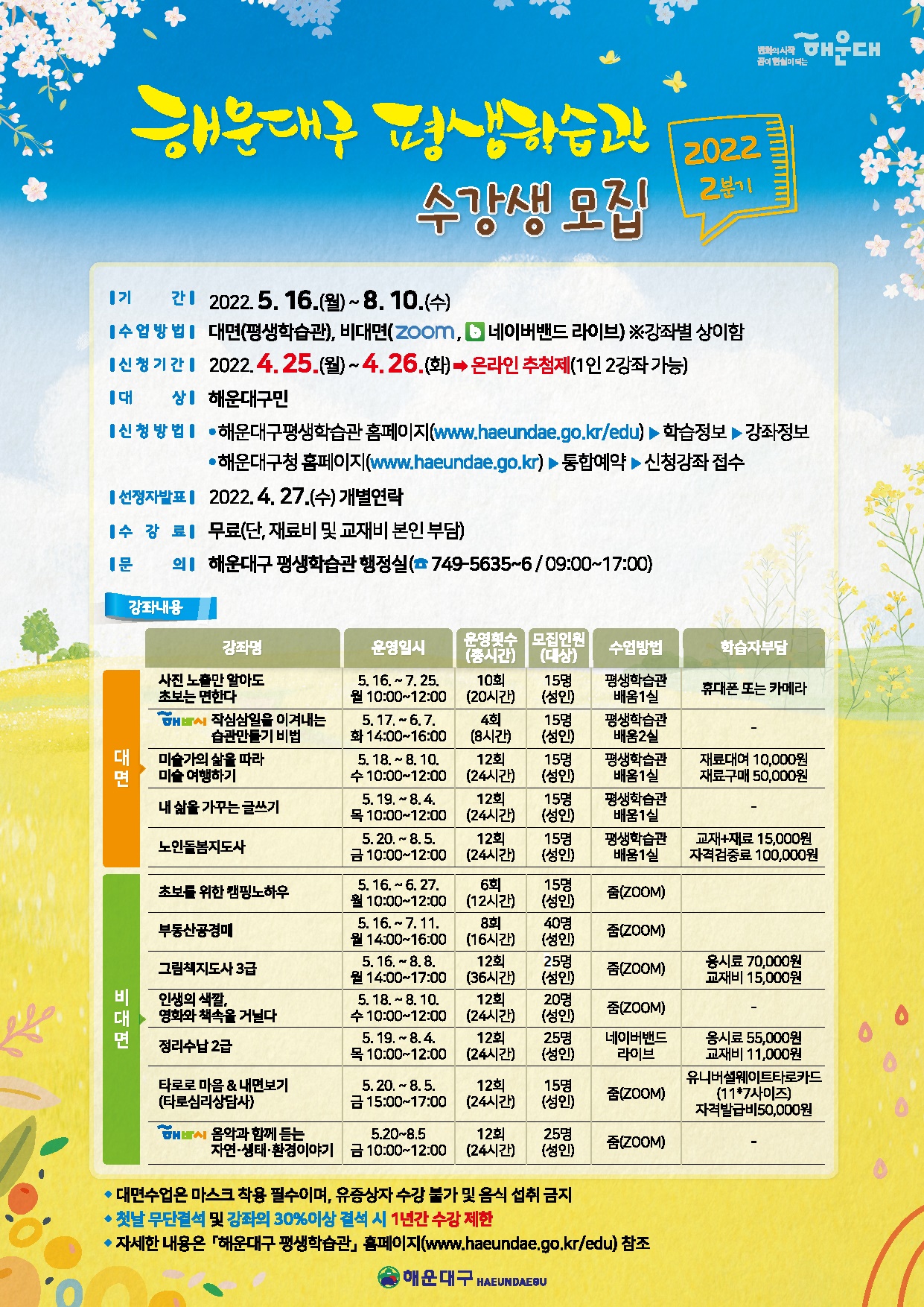 2022. 평생학습관 2분기 강좌 수강생 모집