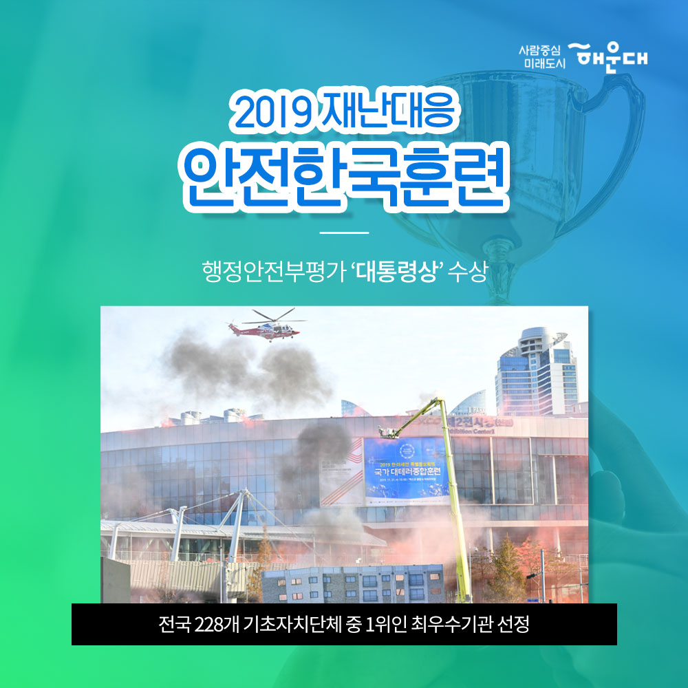 01.
해운대구가 안전 대한민국에 앞장섭니다!
안전 대한민국

02. 
불시 화재 대피 훈련
청사외부 연막탄, 연기발생기 사용 실제 화재 상황 연출
상황전파-실제대피-대피완료

03.
소방합동 훈련 실시
화재대비 및 소화기 관련 교육
소방차, 산불진압차량 살수 훈련
소화기 사용 훈련

04.
재난 대응 안전한국 훈련 실시
현장 중심의 초기 대응 훈련
다중 이용시설, 테러, 폭발, 화재, 붕괴, 유해 화학물질 유출 대비 훈련

05.
재난 대응 안전 한국 훈련 실시
실행기반 종합 훈련
재난상황 부여- 재난안전총괄과 대책본부 운영
-훈련상황 현장 브리핑 -재난현장 통합 지원 본부 설치운영
신속한 인명구조 활동 및 피해지역 복구 확동
훈련참여 유관기관별 역할 분담에 의한 임무 수행

06. 
2019 재난대응 안전 한국 훈련
행정안정부 평가 '대통령상' 수상
전국 228개 기초자치단체 중 1위인 최우수기관 선정

07. 
한전한 대한민국 안전한 해운대
예고없이 찾아오는 재난, 대비가 필요합니다!
관계기관의 통합연계훈련으로 재난대응체계를 점검하고 강화합니다!
재난대비는 선택이 아닌 필수입니다!

08.
사람중심 미래도시 해운대
안전총괄과 6번째 이미지