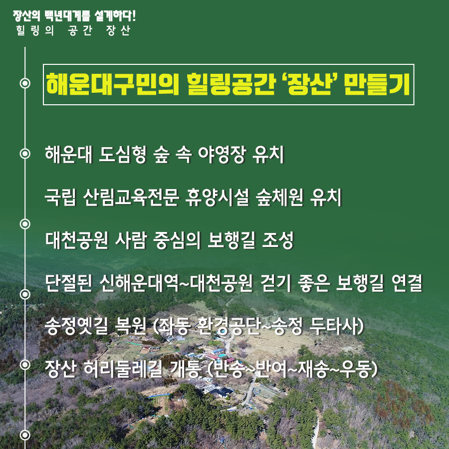 01.
장산구립공원 지정
장산의 백년대계를 설계하다!

02.
장산의 중요성
해운대구의 허파 '장산'
해운대구 18개 동 중 16개 동과 연접

03. 장산의 중요성
장산은 우리의 '백년대계'
장산 부산시 지정 문화재 4점 보유
원각사현왕도, 장산마고당, 천제단 선바위, 묘법연화경

04.
장산 구립공원의 필요성
현재 장산 관리 체계
산림자원법-개발제한구역법-군사기지법

05.
장산 구립공원의 필요성
해운대 통합관리-구립공원 지정-자원공원법(개발제한구역법, 산림자원법, 군사기지법)

06.
장산구립공원 지정시 장점
- 자연자원조사(5년), 보존관리 계획수립(10년마다)
- 통합인허가(공원사업시행, 행위허가 등)
- 자연훼손, 야영, 취사 등 행위금지
- 자연공원 체험활동, 자연환경해설사 채용

07.
장산의 보존가치
장산 자연생태계 : 450여종 식물 234개 여류 공준
장산 너덜지대 : 7천만년전 화산폭발 중심지
장산 습지 : 2017년 생태경관보호지역으로 지정(환경지표 곤충) - 반딧불이 서식지

08.
장산마을의 공원마을화
국립공원 명품마을 지정후 변화 추이
담당객 증가 현황 138.6%
조성전 : 192,263명
2017년 : 458,821명
주민소득 증가 현황 515%
조성전 : 787백만원
2017년 : 4,838백만원

09. 역사문화지구지정
장산원각사
'불무도' 총 본원
해운대 전경을 한눈에 볼 수 있는 명소
현재 개발제한구역 보수공사 불가능
원각사, 성볼사, 폭포사 등 역사문화유산지구로 지정 시 통합적 관리가능

10. 
힐링의 공간 장산
해운대구민의 힐링공간 '장산' 만들기
- 해운대 도심형 숲 속 야영장 유치
- 국립 산림교육전문 휴양시설 숲체원 유치
- 대천공원 사람 중심의 보행길 조성
- 단절된 신해운대역~대천공원 걷기 좋은 보행길 연결
- 송정 옛길 복원(좌동 환경곤단 ~ 송정 두타사)
- 장산 허리둘레길 개통(반송~반여~재송~우동)

11.
장산 구립공원 지정
주민과 함께 만들과 세계인이 함께 찾는 '장산'을 만들겠습니다 10번째 이미지