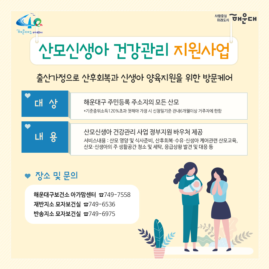 01.
아이낳기 좋은 해운대
모자보건사업
어디에서 받을 수 있나요?
해운대구보건소 아가맘센터
재반보건지소
반송보건지소

02.
산모신생아 건강관리 지원사업
출산가정으로 산후회복과 신생아 양육지원을 위한 방문케어
대상: 해운대구 주민등록 주소지의 모든 산모(*기준중위소득 120%초과 첫째아 가정 시 신청일기준 관내6개월 이상 거주자에 한함)
내용: 산모 신생아 건강관리 사업 정부지원 바우처 제공
서비스내용: 산모 영양 및 식사준비, 삭후회복, 수유, 신생아 케어관련 산모교육, 산모, 신생아의 주 생활공간 청소 및 세탁, 응급상황 발견 및 대응 등

* 장소 및 문의
해운대구보건소 아가맘센터(749-7558)
재반지소 모자보건실(749-6536)
반송지소 모자보건실(749-6975)

03.
바이러스 탈출! 유야용품 소독기 운영
이용시간: 평일 9:00~18:00
배채장소: 해운대구보건소, 반송보건지소
이용물품: 유모차, 카시트, 아기띠, 장난감 등
소독시간: 15분내외

*장소 및 문의
해운대구보건소 아가맘센터(749-7527)
반송지소 모자보건실(749-6975)

04. 난임부부 지원 사업
기간: 2020. 1월~12월
대상: 관내 난임 시술을 요하는 난임 부부
내용: 난임부부 시술비 지원 사업, 난입 주사제 행위료 지원, 한방 난임 시술비 지원 사업

*장소 및 문의
해운대구보건소 아가맘센터(749-7525)

05.
난청환아 보청기 지원 사업
대상: 기준중위소득 180%이하 가구의 만 3세 미만(36개월 미만) 영유아(*다자녀(2명 이상) 가구의 영유아는 소득수준에 관계없이 지원)
- 양측성 난청이며, 청력이 좋은 귀의 평균 청력역치가 40~59dB로, 청각장애 등급을 받지 못하는 난청이 있는 경우
내용: 영유아 1명당 1개의 보청기 지원(131만원)

* 장소 및 문의
반송지소 모자보건실(749-6975)

06. 
저소득층 기저귀, 조제분위 지원사업
대상
<기저귀>
- 만2세 미만의 영아를 둔 기초생활수급, 차상위계층, 한부모가족 가구
- 만2세 미만의 영아를 둔 기준중위소득 80%이하의 장애인가구, 다자녀가구(2인이상)
<조제분유>
- 기저귀 지원사업 대상자 중 산모가 질병사망으로 모유수유가 불가능한 경우, 아동복지시설, 공동생활가정, 가정위탁보호, 한보모가정(부자, 조손가정)등
내용: 기저귀 월 64천원, 조제분유 월 86천원 바우처 지원

* 장소 및 문의
영아의 주민등록 주소지 주민센터
해운대구보건소 아가맘센터(749-7526)
재반지소 모자보건실(749-6536)
반송지소 모자보건실(749-6975)

07.
해피맘 치아교실
임산부와 임신을 준비하는 가임기 여성에게 올바른 구강건강관리
기간: 2020. 4~12월
대상: 관내 임산부 및 가임기여성 100명
내용: 임산부 및 가임기여성 개인별 맞춤형 구강건강관리 서비스 제공
(구강검진 및 상담, 칫솔질 방법 및 구강건강 관리교육, 스케일링, 불소도포, 구강 위생용품 배부 등)

* 장소 및 문의
반송지소 구강보건센터(749-6987)
해운대보건소 구강보건실(749-7517)
재반지소 구강보건실(749-6540)
 2번째 이미지