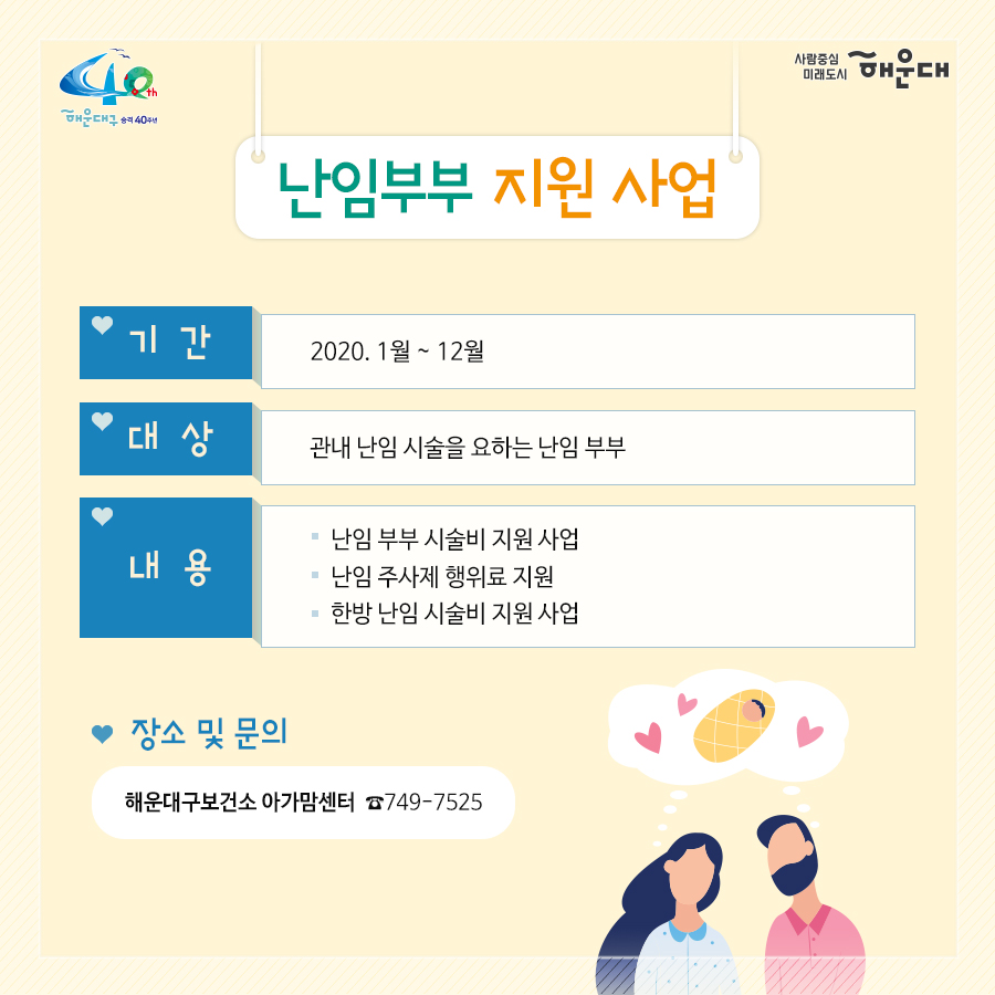 01.
아이낳기 좋은 해운대
모자보건사업
어디에서 받을 수 있나요?
해운대구보건소 아가맘센터
재반보건지소
반송보건지소

02.
산모신생아 건강관리 지원사업
출산가정으로 산후회복과 신생아 양육지원을 위한 방문케어
대상: 해운대구 주민등록 주소지의 모든 산모(*기준중위소득 120%초과 첫째아 가정 시 신청일기준 관내6개월 이상 거주자에 한함)
내용: 산모 신생아 건강관리 사업 정부지원 바우처 제공
서비스내용: 산모 영양 및 식사준비, 삭후회복, 수유, 신생아 케어관련 산모교육, 산모, 신생아의 주 생활공간 청소 및 세탁, 응급상황 발견 및 대응 등

* 장소 및 문의
해운대구보건소 아가맘센터(749-7558)
재반지소 모자보건실(749-6536)
반송지소 모자보건실(749-6975)

03.
바이러스 탈출! 유야용품 소독기 운영
이용시간: 평일 9:00~18:00
배채장소: 해운대구보건소, 반송보건지소
이용물품: 유모차, 카시트, 아기띠, 장난감 등
소독시간: 15분내외

*장소 및 문의
해운대구보건소 아가맘센터(749-7527)
반송지소 모자보건실(749-6975)

04. 난임부부 지원 사업
기간: 2020. 1월~12월
대상: 관내 난임 시술을 요하는 난임 부부
내용: 난임부부 시술비 지원 사업, 난입 주사제 행위료 지원, 한방 난임 시술비 지원 사업

*장소 및 문의
해운대구보건소 아가맘센터(749-7525)

05.
난청환아 보청기 지원 사업
대상: 기준중위소득 180%이하 가구의 만 3세 미만(36개월 미만) 영유아(*다자녀(2명 이상) 가구의 영유아는 소득수준에 관계없이 지원)
- 양측성 난청이며, 청력이 좋은 귀의 평균 청력역치가 40~59dB로, 청각장애 등급을 받지 못하는 난청이 있는 경우
내용: 영유아 1명당 1개의 보청기 지원(131만원)

* 장소 및 문의
반송지소 모자보건실(749-6975)

06. 
저소득층 기저귀, 조제분위 지원사업
대상
<기저귀>
- 만2세 미만의 영아를 둔 기초생활수급, 차상위계층, 한부모가족 가구
- 만2세 미만의 영아를 둔 기준중위소득 80%이하의 장애인가구, 다자녀가구(2인이상)
<조제분유>
- 기저귀 지원사업 대상자 중 산모가 질병사망으로 모유수유가 불가능한 경우, 아동복지시설, 공동생활가정, 가정위탁보호, 한보모가정(부자, 조손가정)등
내용: 기저귀 월 64천원, 조제분유 월 86천원 바우처 지원

* 장소 및 문의
영아의 주민등록 주소지 주민센터
해운대구보건소 아가맘센터(749-7526)
재반지소 모자보건실(749-6536)
반송지소 모자보건실(749-6975)

07.
해피맘 치아교실
임산부와 임신을 준비하는 가임기 여성에게 올바른 구강건강관리
기간: 2020. 4~12월
대상: 관내 임산부 및 가임기여성 100명
내용: 임산부 및 가임기여성 개인별 맞춤형 구강건강관리 서비스 제공
(구강검진 및 상담, 칫솔질 방법 및 구강건강 관리교육, 스케일링, 불소도포, 구강 위생용품 배부 등)

* 장소 및 문의
반송지소 구강보건센터(749-6987)
해운대보건소 구강보건실(749-7517)
재반지소 구강보건실(749-6540)
 4번째 이미지