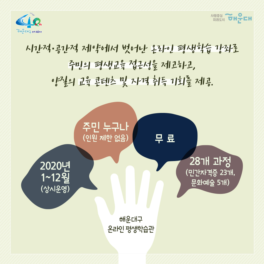 01.
내가 있는 곳이 학교가 되는 해운대구 온라인 평생학습관

02.
시간적·공간적 제약에서 벗어난 온라인 평생학습 강좌로
주민의 평생교육 접근성을 제고하고, 
양질의 교육 콘텐츠 및 자격 취득 기회를 제공
2020년 1~12월(상시운영)
주민 누구나(인원 제한 없음)
무료
28개 과정(민간자격증 23개, 문화예술 5개)

03.
수강방법
회원가입 - 수강신청(상시) - 과정수강(1개월, 수강 강좌 수 제한 없음)
- 자격증 취득(희망자 대상) - 복습기간(6개월)
수강신청 : 온라인 평생학습관 홈페이지(http://haeundae1.hunet.co.kr) 접속
해운대구 평생학습관 - 사이버교육 - 해운대온라인 평생학습관

04.
운영과정(민간자격증 23개)
- 자기주도학습 지도사 2급(25차수)
- 미술심리 상담사 2급(25차수)
- 방과후지도사 2급(25차수)
- 심리상담사 2급(25차수)
- 아동심리상담사 2급(25차수)
- 학교폭력예방 상담사 2급(25차수)
- 노인심리 상담사 2급(25차수)
- 안전지도사 2급(30차수)
- 인문고전독서 지도사 2급(25차수)
- 진로상담사 2급(25차수)
- 청소년진로 상담사 2급(25차수)
- 동화구연 지도사 2급(25차수)
- 소셜스토리텔러(25차수)
- 식습관코치(25차수)
- 자기주도학습 지도사 2급(25차수)
- 아동수학 지도사(26차수)
- 아동과학 지도사 2급(26차수)
- 아동요리 지도사(25차수)
- 가족상담사(25차수)
- 다문화 심리상담사(25차수)
- 부부심리 상담사(25차수)
- 스피치지도사(25차수)
- 전직지원전문가(25차수)

05.
운영과정(문화예술 5개)
- 미술 속 연사인물 스토리: 미술평론가 이주헌(11차수)
- 세상을 바꾼 위대한 음악가: 지휘자 서희태(10차수)
- 세계의 명품 오페라: 음악평론가 장일범(10차수)
- 클래식을 타고 떠나는 역사여행: 문화평론가 정윤수(10차수)
- 현대 건축의 여행: 건축가 양진석(11차수)

06.
수료조건: 진도율 60% 이상, 최종평가 60점 이상
자격증 발급: 희망자에 한해 민간자격증 발급 가능
가격증 취득 비용은 수강생 본인 부담(20% 할인 적용, 6만원 → 5만원)
문의: 해운대구 소통협력과 평생교육팀(051-749-5632)

 2번째 이미지