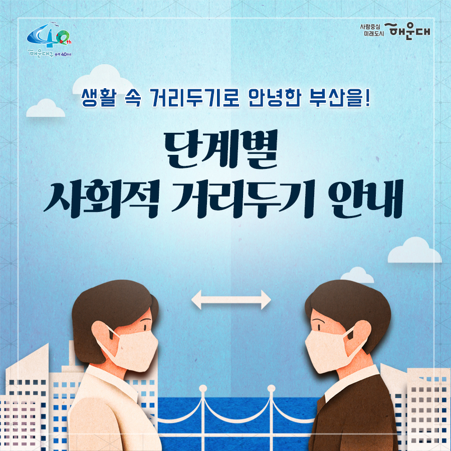 01.
생활 속 거리두기로 안녕한 부산을!
단계별 사회적 거리두기 안내

02.
사회적 거리두기 단계 
부산시는 이렇게 적용됩니다
주 일평균 일일 확진자 수(국내)
부산시 15명 미만
수도권 100명 미만
타권역 30명 미만(강원·제주 10명 미만)

생활방역 1단계
모임행사: 500명 이상 행사는 지자체 신교협의 필요 방역수칙 의무화
종교활동: 좌석 한 칸 띄우기, 모임·식사 자제 권고(숙박행사 금지)

03.
사회적 거리두기 단계
부산시는 이렇게 적용됩니다
주 일평균 일일 확진자 수(국내)
부산시 15명 이상
수도권 100명 이상
타권역 30명 이상(강원·제주 10명 이상)

지역적 유행 단계 1.5단계
모임행사: 1단계 조치 유지, 축제 등 일부 행사는 100인 이상 금지
종교활동: 정규예배 등 좌석 수의 30% 이내로 제한, 모임·식사 금지

04.
사회적 거리두기 단계
부산시는 이렇게 적용됩니다
지역적 유행 단계 2단계
* 세가지 상황 중 1개 충족 시 격상
1. 1.5단계 기준 2배 이상 증가
2. 2개 이상 권역 1.5단계 유행 지속
3. 전국 300명 초과

모임행사: 100인 이상 금지
종교활동: 정규예배 등 좌석 수의 20% 이내로 제한
모임·식사 금지

05.
사회적 거리두기 단계
부산시는 이렇게 적용됩니다
전국적 유행 단계 2.5단계
전국 400~500명 이상 또는 더블링 등 급격한 환자 증가

모임행사: 50인 이상 금지
종교활동: 비대면 예배 20명 이내 인원 제한, 모임·식사 금지

06.
사회적 거리두기 단계
부산시는 이렇게 적용됩니다
전국적 유행 단계 3단계
전국 800~1,000명 이상 또는 더블링 등 급격한 환자 급증

모임행사: 10인 이상 금지
종교활동: 1인 영상만 허용, 모임·식사 금지 1번째 이미지