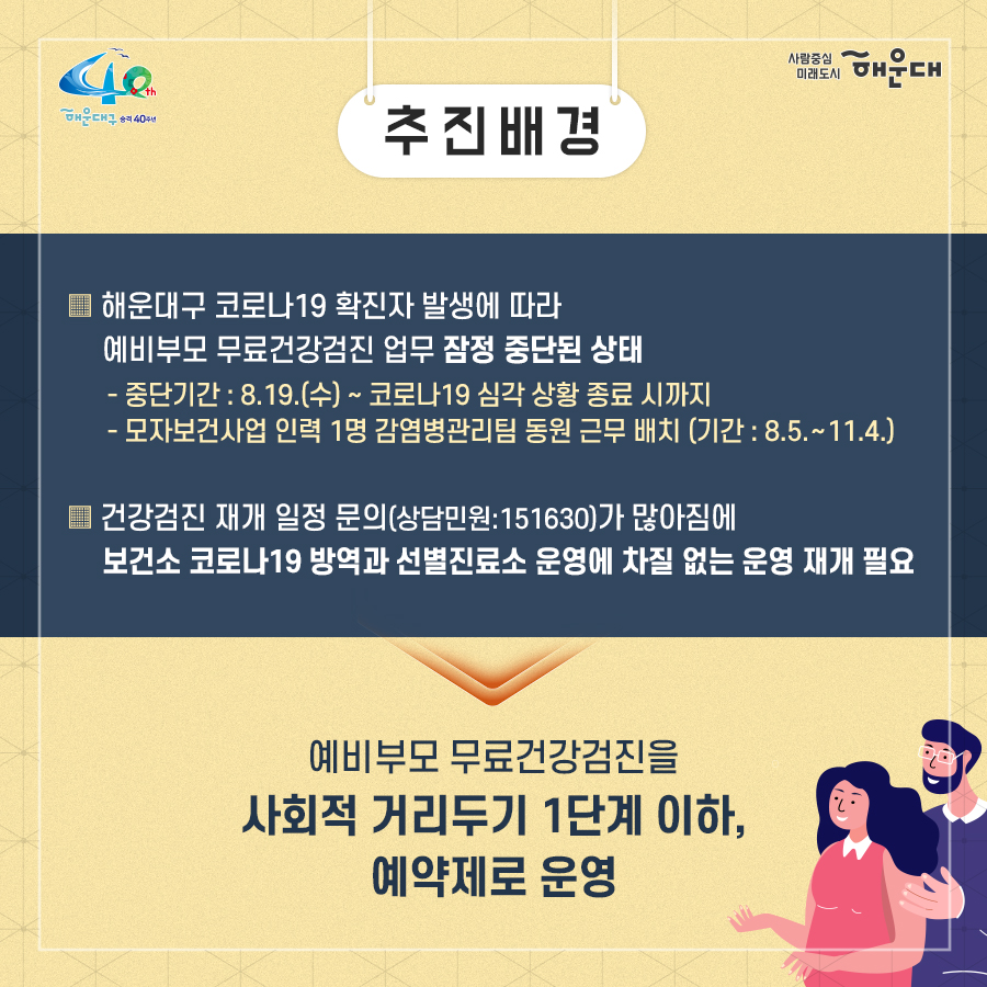 01.
예비부모 무료 건강검진
코로나19 온기로 극복해요

02.
추진배경
- 해운대구 코로나19 확진자 발생에 따라 예비부모 무료건강검진 업무 잠정 중단된 상태
  - 중단기간: 8.19.(수)~ 코로나19 심각 상황 종료 시까지
  - 모자보건사업 인력 1명 감염병관리팀 동원 근무 배치(기간: 8.5.~11.4.)
- 건강검진 재개 일정 문의(상담민원: 151630)가 많아짐에 따라 보건소 코로나19 방역과
선별진료소 운영에 차질 없는 운영 재개 필요

예비부모 무료건강검진을 사회적 거리두기 1단계 이하, 예약제로 운영

03.
이렇게 진행됩니다
- 기간: (사회적 거리두기 1단계 이하) 10.12.(월) 이후 연중 시행
   * 코로나19 사회적 거리두기 2단계로 격상 시 검진 중단
- 장소: 해운대구보건소 아가맘센터, 반송보건지소 모자보건실
- 대상: 해운대구 구민 중 임신을 준비 중인 부모(예비부모)
- 예약방법: 해운대구청 통합예약서비스 온라인 예약(선착순 마감)
문의사항
  - 해운대구보건소 아가맘센터 051-749-7527,7528
  - 반송보건지소 모자보건실 051-749-6975

04.
검진항목
- 혈액검사: CBS 5종, 혈액형, 혈당, 간기능 4종, 고지혈증 3종, 신장기능 2종, B형 간염, C형 간염, 풍진검사
- 소변검사 4종
- 성병검사: 에이즈, 매독, 임질, 클라미디아
- 흉부X선 검사
*혈당 검사로 검사 전 8시간(최소 4시간) 금식 필요

05.
진행절차
방문 전: 사전예약(온라인)
보건소 내소: 현장방문 및 검사진행(모자보건실→방사선실→병리검사실)
검사 후: 결과확인(방문/온라인)

구비서류: 신분증, 주민등록등본, 혼인확인서류(가족관계증명서, 청첩장 등)
 
06.
검사결과
겸사 결과 조회: 1주일 소요
- 방문수령: 본인이 신분증 지참 후 수령(대리수령 불가, 우편, 팩스, 전화, 이메일 불가)
- 보건소 홈페이지 또는 공공보건포털(G-Health) 홈페이지 조회: 개인 공인인증서로 조회 및 출력 가능
- 해운대구보건소 홈페이지→보건사업→아가맘센터→임산부건강관리→예비부모·임산부건강관리
- 공공보건포털 홈페이지→검사결과조회→건강검진내역조회→개인공인인증서로 조회
* 조회가 안되시면 공공보건포털사이트 문의 1566-3232(ARS 5번→1번)
 2번째 이미지