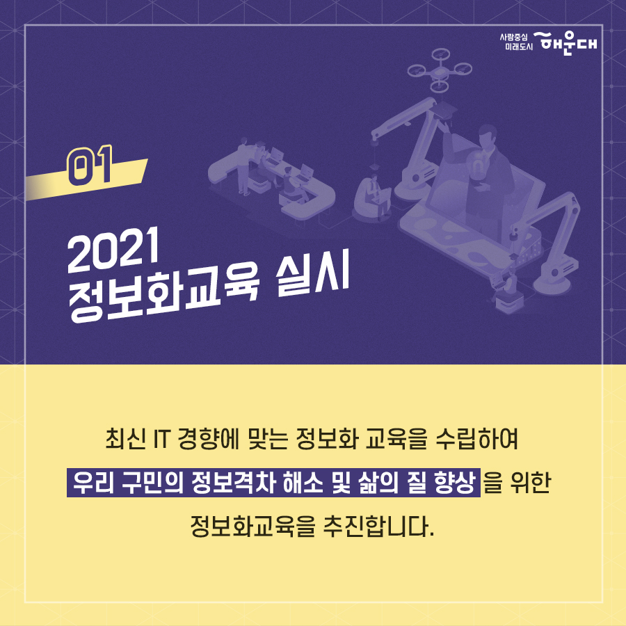 01.
앞서가는 해운대구!
2021년 정보화교육

02.
2021 정보화교육 실시
최신 IT 경향에 맞는 정보화 교육을 수립하여 우리 구민의 정보격차 해소 및 삶의 질 향상을 위한 정보화교육을 추진합니다.

03.
교육계획
- 기간: 2021.1월~11월
- 대상: 관내 주민(정보소외계층)
- 교육과정: 22과정 135회, 1,719명(컴퓨터기초, 스마트폰 활용, 사진편집 등 17개 과정)
- 장소: 좌1동 행정복지센터, 문화복합센터 정보화교육장

04.
교육 프로그램 안내 *일정과 장소 사전 확인 필수
난이도
컴퓨터기초→한글→블로그→파워포인트→엑셀→스마트폰 활용→사진편집→동영상만들기→나는야유튜버→ITQ자격증
* 교육일정안내: 해운대구 홈페이지 - 행정 - 교육 - 정보화교육

05.
교육프로그램 안내(특별과정)
여성정보화실무
- 교육대상: 만55세 이하 중년 여성
- 교육목표: 한글, 엑셀, 파워포인트 등 오피스 실무 활용
- 교육장소: 제1교육장(좌1동), 제3교육장(문화복합센터)
청소년 소프트웨어 교육
- 교육대상: 관내 거주 초등학생 4-6학년
- 교육내용: 스크래치를 활용한 코딩교육, 스마트폰 어플리케이션 개발
- 교육장소: 제1교육장(좌1동), 제3교육장(문화복합센터)

06. 
접수방법
1. 접수기간: 교육시작일 전월 21일부터(주말, 공휴일 제외)
2. 접수제한: 1인 월 2강좌까지 접수
3. 선발기준: 정워너 내 선착순 선발
 2번째 이미지