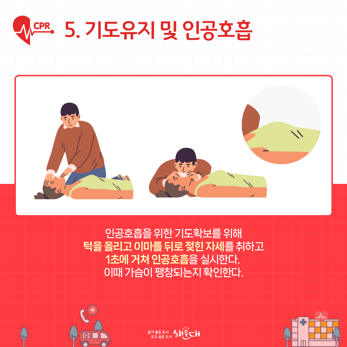 생명을 살리는 골드타임 '4분의 기적' 심폐소생술 CPR
심정지 발생 후 4~5분이 지나면 뇌는 산소를 공급받지 못해 뇌 손상이 오게 됩니다.
4분 이후에는 뇌세포가 죽기 시작하기 때문에, 심정지 4분을 골든타임으로 보고있습니다. 6번째 이미지