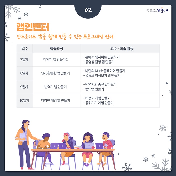 신나는 겨울방학에 만나요!
2023년 초등학생 겨울방학 소프트웨어 교육 안내
2023.1.9.(월)~1.20.(금) 4번째 이미지