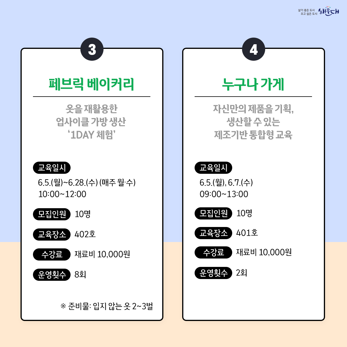 해운대기술교육원
6월 교육과정 안내

일자리상담, 
기술교육,
취업 및 창업 정보를 알려드려요!

문의: 해운대기술교육원 (☎ 051-745-3200) 4번째 이미지