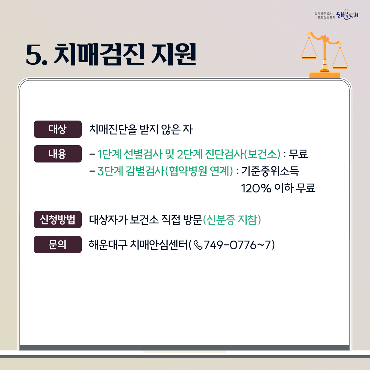 <2030 해운대 노인정책>
1. 노인복지관
- 장산노인복지관 : 해운대구 좌동로 126 (☎704-9141)
- 어진샘노인종합복지관 : 해운대구 재반로12번길 16 (☎784-8008)
- 노인복지관 반여분관 : 해운대구 선수촌로207번길 79 (☎529-9141)
2. 노인교실
- 운화노인대학, 파랑새어르신대학 등 13개소 (문의 : 노인장애인복지과, ☎749-4374)
3. 경로당
- 송정동경로당, 행복경로당 등 247개소 (문의 : 대한노인회 ☎746-8278)
4. 반디문화센터
- 해운대구 재반로256번길 29-53 (☎529-9141) 6번째 이미지