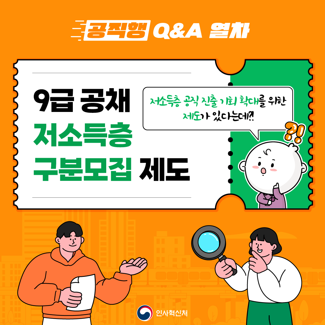 국가직 9급 공개경쟁채용시험 및
지방직 9급 공개경쟁임용시험에서
선발예정인원의 2% 이상을
저소득층 구분모집으로 선발합니다.

저득층 구분모집 선발인원, 응시자격 등 세부적인 사항은
매년 발표되는 공고를 통해 확인하세요!
「국가공무원 공개경쟁채용시험 공고」 (www.gosi.kr)
「(지자체별)지방공무원 임용시험 시행계획 공고」 (local.gosi.go.kr)