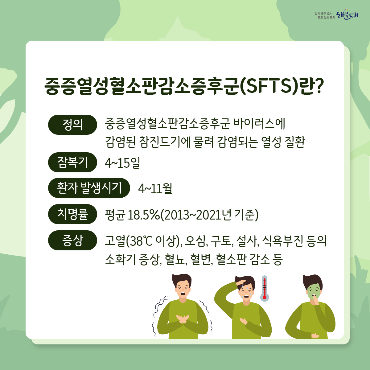 야외활동 시 진드기를 조심하세요!

진드기는 수풀이 우거진 곳에 있다가
지나가는 사람 또는 동물을 물어 흡혈합니다.

등산, 산책 등 야외활동 시 진드기에 물릴 수 있습니다.
진드기 매개 감염병, 어떻게 예방할 수 있나요?
예방수칙1 : 야외활동 또는 농작업 전
√ 안전하게 옷 갖춰 입기 (밝은 색 긴 옷, 모자, 목수건, 목이 긴 양말, 장갑 등)
√ 진드기 기피제 사용하기
예방수칙2 : 야외활동 또는 농작업 중
√ 휴식 시 돗자리 사용하기  √ 풀밭에서 용변 보지 않기
√ 풀밭 위에 옷 벗어놓지 않기, 풀밭에 앉지 않기
√ 기피제의 효능 지속시간 고려하여 주기적으로 사용하기
예방수칙3 : 야외활동 또는 농작업 후
√ 귀가 즉시 옷은 세탁하고 샤워(목욕)하기
√ 몸에 벌레 물린 상처 또는 진드기가 붙어있는지 확인하기 4번째 이미지