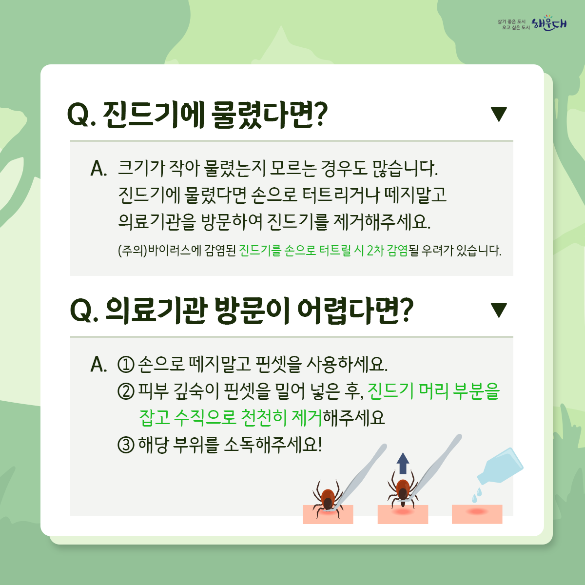 야외활동 시 진드기를 조심하세요!

진드기는 수풀이 우거진 곳에 있다가
지나가는 사람 또는 동물을 물어 흡혈합니다.

등산, 산책 등 야외활동 시 진드기에 물릴 수 있습니다.
진드기 매개 감염병, 어떻게 예방할 수 있나요?
예방수칙1 : 야외활동 또는 농작업 전
√ 안전하게 옷 갖춰 입기 (밝은 색 긴 옷, 모자, 목수건, 목이 긴 양말, 장갑 등)
√ 진드기 기피제 사용하기
예방수칙2 : 야외활동 또는 농작업 중
√ 휴식 시 돗자리 사용하기  √ 풀밭에서 용변 보지 않기
√ 풀밭 위에 옷 벗어놓지 않기, 풀밭에 앉지 않기
√ 기피제의 효능 지속시간 고려하여 주기적으로 사용하기
예방수칙3 : 야외활동 또는 농작업 후
√ 귀가 즉시 옷은 세탁하고 샤워(목욕)하기
√ 몸에 벌레 물린 상처 또는 진드기가 붙어있는지 확인하기 5번째 이미지