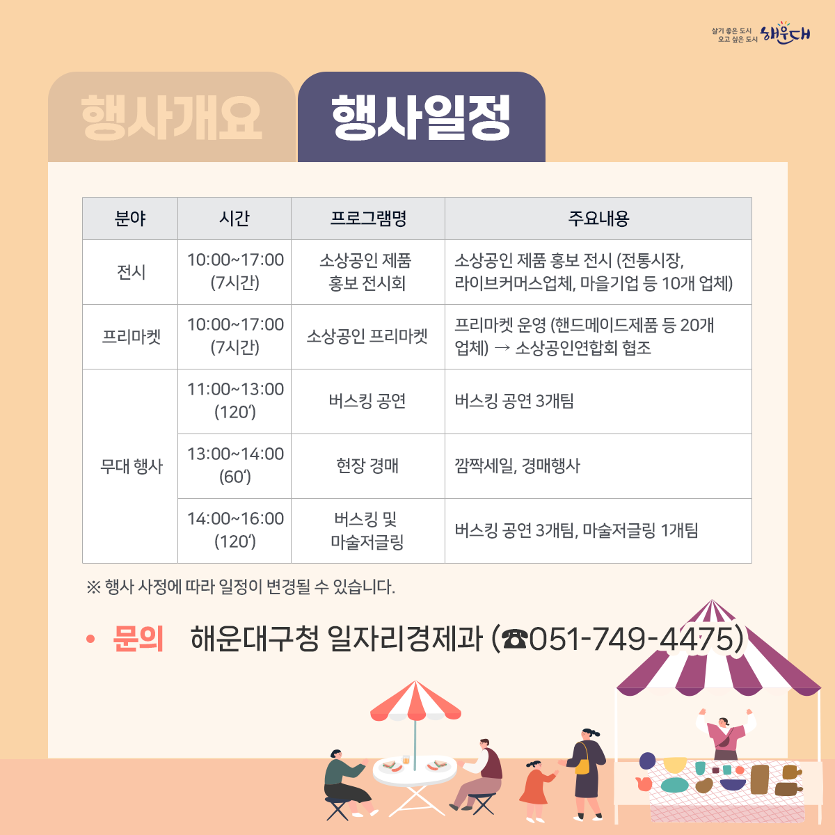 <행사개요>
일    시: 2023. 11. 3.(금) 10:00 ~ 17:00
장    소: 좌동 대천공원 무대광장
주요내용: 소상공인 제품 홍보·전시, 프리마켓, 공연 및 문화행사
문   의 : 해운대구청 일자리경제과 (☎051-749-4475) 4번째 이미지