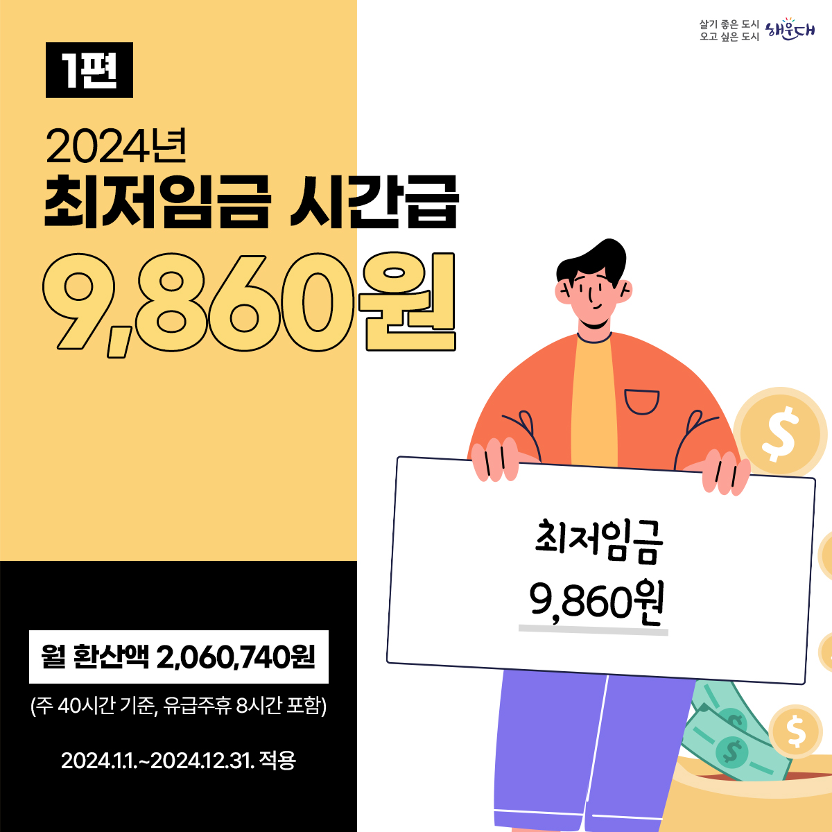 2024년 최저임금 시간급 9,860원_1편

월 환산액 2,060,740원
(주 40시간 기준, 유급주휴 8시간 포함)

2024.1.1.~2024.12.31. 적용

최저임금은? 근로자에 대하여 임금의 최저수준을 보장하여 근로자의 생활안정과 노동력의 질적향상을
꾀함으로써 국민경제의 건전한 발전에 이바지하는 것을 목적으로 하는 제도입니다.
 1번째 이미지