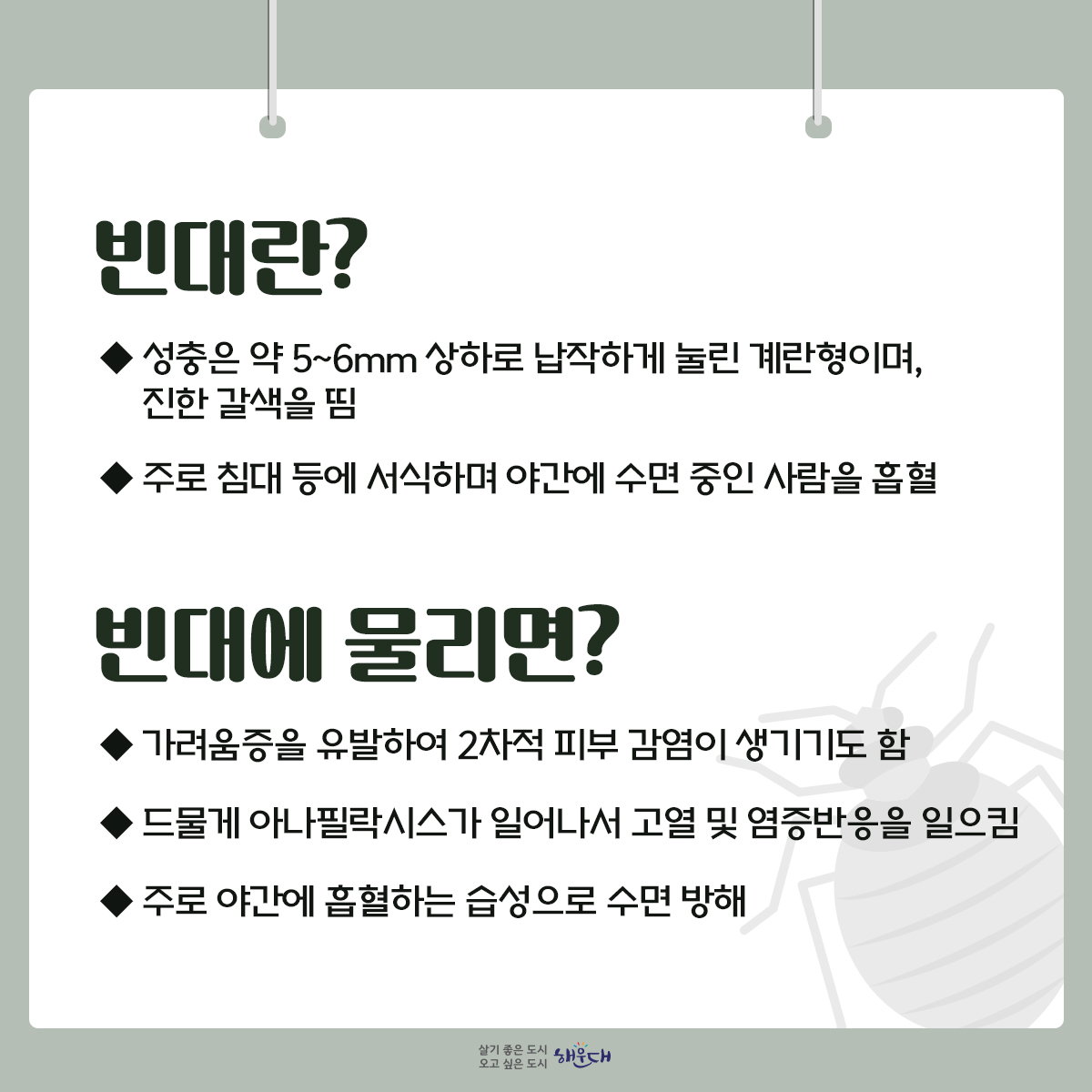 ○ 빈대란?
- 성충은 약 5~6mm 상하로 납작하게 눌린 계란형이며, 진한 갈색을 띰
- 주로 침대 등에 서식하며 야간에 수면 중인 사람을 흡혈
○빈대에 물리면?
- 가려움증을 유발하여 2차적 피부 감염이 생기기도 함
- 드물게 아나필락시스가 일어나서 고열 및 염증반응을 일으킴
- 주로 야간에 흡혈하는 습성으로 수면 방해
○빈대 발견 방법
- 흡혈할 때만 잠시 나타나고 흡혈 후 어두운 곳에 숨음
○빈대 예방 방법
- 숙박업소 방문 즉시 빈대가 숨어있는 공간 확인
- 빈대가 보이지 않는 경우에도 방 바닥 또는 침대에 짐 보관 지양
- 여행 중 빈대에 경험이 있으면, 여행 용품에 대한 철저한 소독 필요
※ 빈대에 물렸다면, 우선 물과 비누로 씻고 증상에 따른 치료법 및 의약품 처방은 의사 또는 약사와 상의하세요!

자료출처 : 질병관리청(www.kdca.go.kr) [해외여행 시, 빈대 바로 알고 미리 예방하기] 2번째 이미지