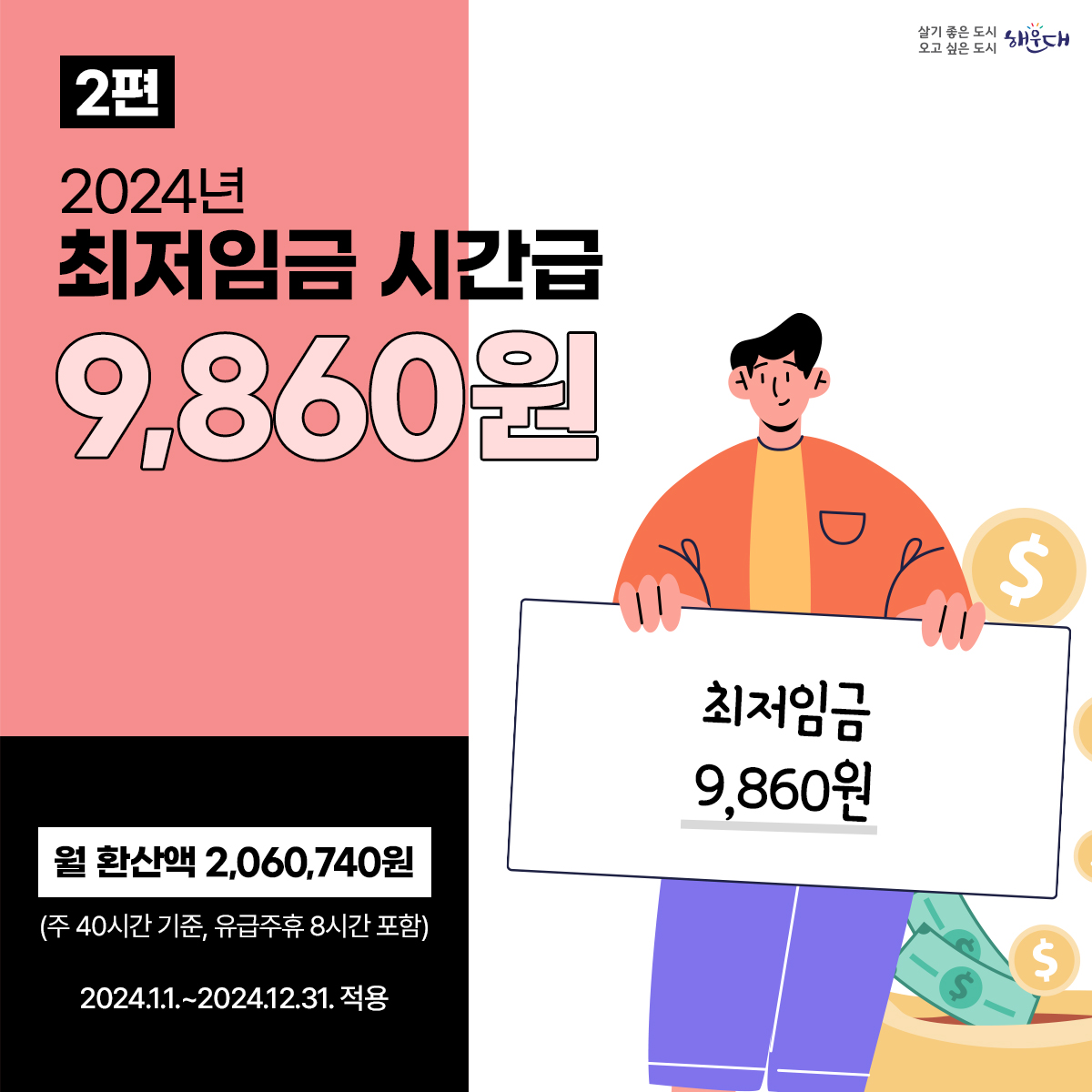 월 환산액 2,060,740원
(주 40시간 기준, 유급주휴 8시간 포함)

2024.1.1.~2024.12.31. 적용

최저임금은? 근로자에 대하여 임금의 최저수준을 보장하여 근로자의 생활안정과 노동력의 질적향상을
꾀함으로써 국민경제의 건전한 발전에 이바지하는 것을 목적으로 하는 제도입니다. 1번째 이미지