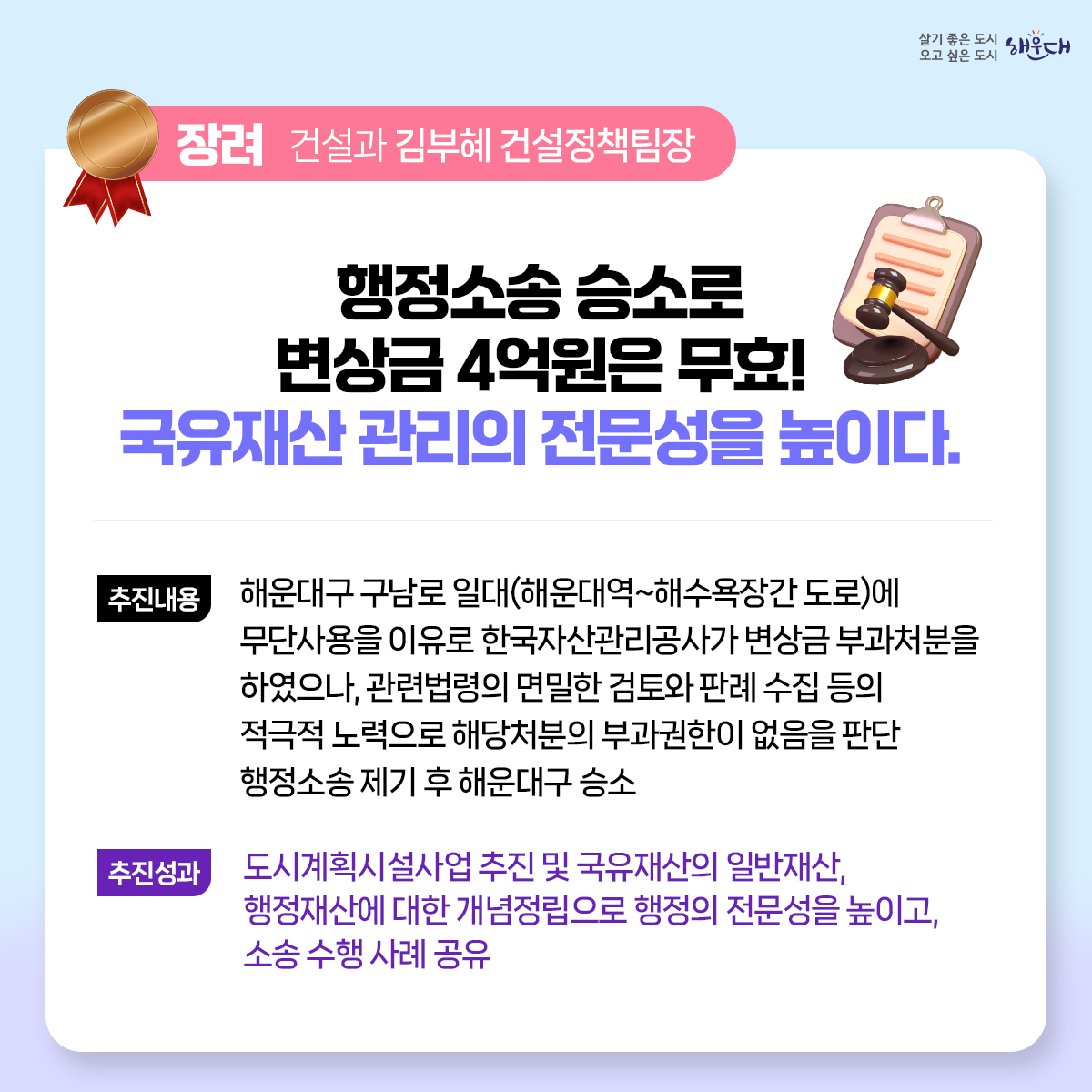 2023년 해운대구 적극행정 우수사례
최우수 (지방소득세과 황화식 주무관)
- 적극적 법령해석적용을 통한 누락세원 추징도 적극! 공제혜택 적용도 적극!
우수 (교육도서관과 허옥여 평생교육팀장, 이미연 주무관)
- 해운대 교육국제화 특구(3기) 지정으로 글로벌 인재양성 추진
우수 (늘푸른과 노주석 주무관)
- 국토교통부 개발제한구역 주민지원사업 우수사례선정 명품 산책로의 탄생 