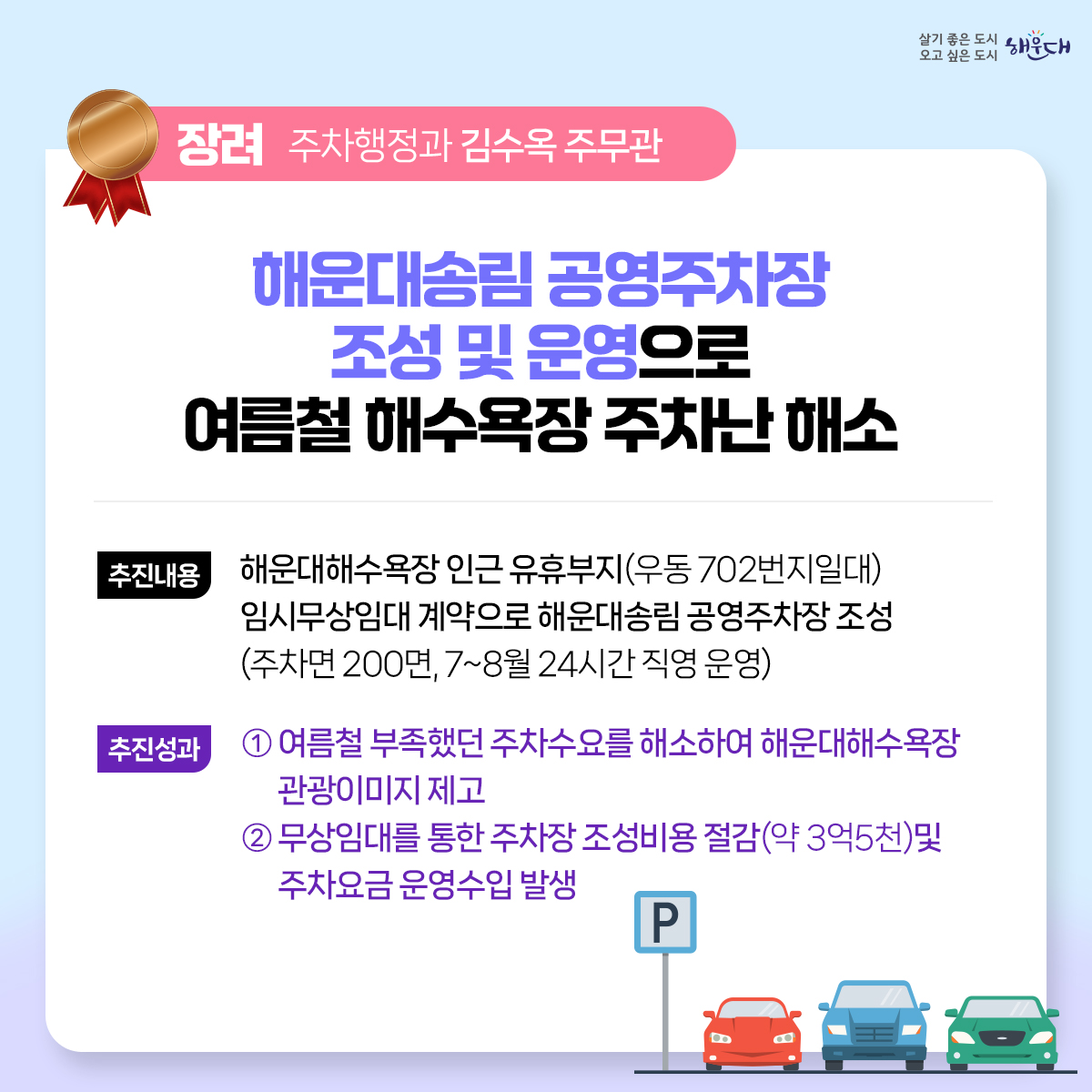 2023년 해운대구 적극행정 우수사례
최우수 (지방소득세과 황화식 주무관)
- 적극적 법령해석적용을 통한 누락세원 추징도 적극! 공제혜택 적용도 적극!
우수 (교육도서관과 허옥여 평생교육팀장, 이미연 주무관)
- 해운대 교육국제화 특구(3기) 지정으로 글로벌 인재양성 추진
우수 (늘푸른과 노주석 주무관)
- 국토교통부 개발제한구역 주민지원사업 우수사례선정 명품 산책로의 탄생 