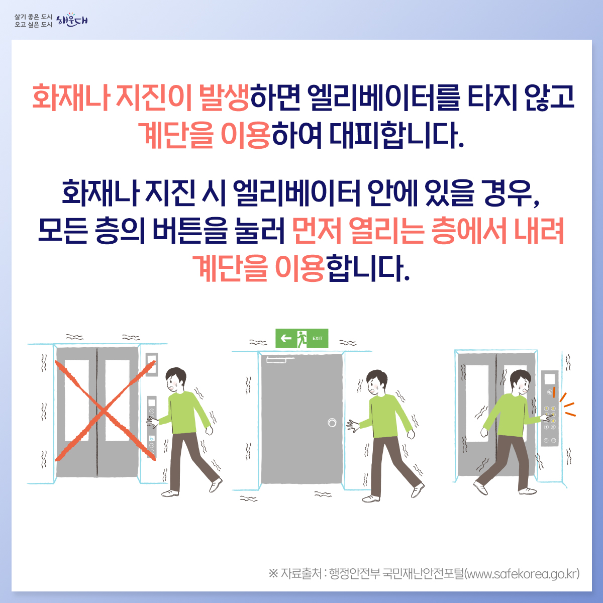 승강기 안전사고

엘리베이터 안에서 뛰거나 출입문에 기대면 안됩니다.
엘리베이터에 갇힌 경우 무리한 탈출은 위험하기 때문에,
당황하지 말고 비상버튼을 눌러 구조요청을 합니다.
비상버튼으로 구조요청을 하고, 연결이 안 될 경우
직접 휴대전화로 119에 신고합니다.
승강기에 갇혀도 질식의 위험이 없으니, 자세를 낮춘 뒤
안전손잡이를 잡고 침착하게 대기합니다.
화재나 지진이 발생하면 엘리베이터를 타지 않고
계단을 이용하여 대피합니다.
화재나 지진 시 엘리베이터 안에 있을 경우, 모든 층의 버튼을
눌러 먼저 열리는 층에서 내려 계단을 이용합니다.
※ 자료출처 : 행정안전부 국민재난안전포털(www.safekorea.go.kr) 4번째 이미지