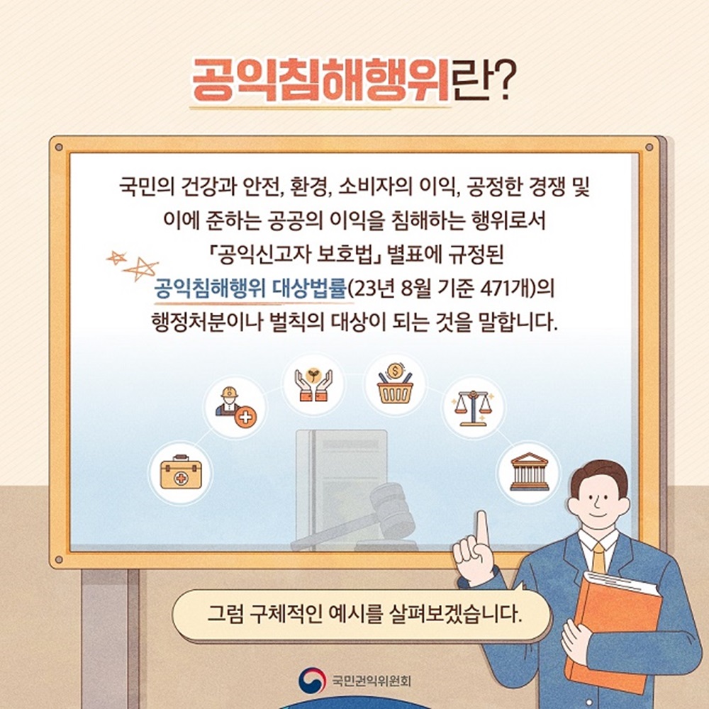 공익신고, 신고자 보호·지원제도 알아보기
공익침해행위란 무엇인가요?
'공익침해행위' 발생 사실을 알게 되면 누구든지 ' 공익신고'할 수 있는데요, 이때, 공익침해행위란 구체적으로 어떤 것을 의미하는 걸까요?
국민권익위원회 2번째 이미지