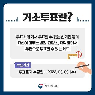 거소투표란? 투표소에 가서 투표할 수 없는 선거인 등이 자신이 머무는 병원 및 요양소, 자택 등에서 우편으로 투표할 수 있는 제도이며 투표기간은 투표용지 수령일로부터 2022.03.09.(수)까지 입니다 (행정안전부)