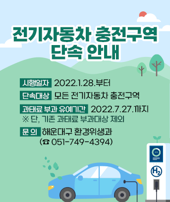 전기자동차 충전구역 단속 안내

▹ 시행일자: 2022.1.28.부터

▹ 단속대상: 모든 전기자동차 충전구역

▹ 과태료 부과 유예기간: 2022.7.27.까지

※ 단, 기존 과태료 부과대상 제외

▹ 문의: 해운대구 환경위생과 (☎051-749-4394)