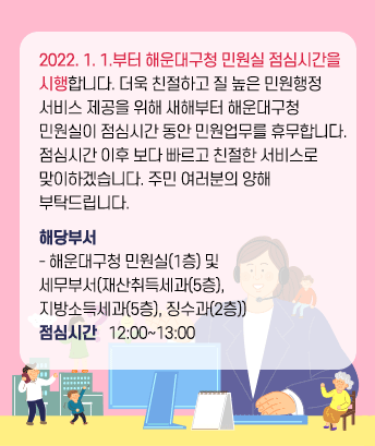 2022. 1. 1.부터 해운대구청 민원실 점심시간을
시행합니다. 더욱 친절하고 질 높은 민원행정
서비스 제공을 위해 새해부터 해운대구청 
민원실이 점심시간 동안 민원업무를 휴무합니다.
점심시간 이후 보다 빠르고 친절한 서비스로 
맞이하겠습니다. 주민 여러분의 양해
부탁드립니다.
해당부서
- 해운대구청 민원실(1층) 및
세무부서(재산취득세과(5층), 
지방소득세과(5층), 징수과(2층))
점심시간   12:00~13:00