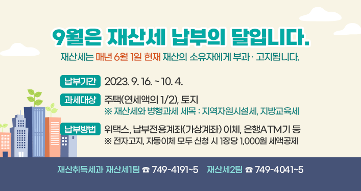 9월은 재산세 납부의 달입니다.
재산세는 매년 6월 1일 현재 재산의 소유자에게 부과 · 고지됩니다.

 납부기간: 2023. 9. 16. ~ 10. 4.
 과세대상: 주택(연세액의 1/2), 토지
※ 재산세와 병행과세 세목 : 지역자원시설세, 지방교육세
 납부방법: 위택스, 납부전용계좌(가상계좌) 이체, 은행ATM기 등
※ 전자고지, 자동이체 모두 신청 시 1장당 1,000원 세액공제
 
재산취득세과 재산세1팀 ☎ 749-4191~5
재산세2팀 ☎ 749-4041~5
