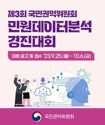제3회 국민권익위원회
민원데이터분석
경진대회

대회 공고 및 접수 : ’23.9.25.(월) ~ 10.6.(금)
국민권익위원회