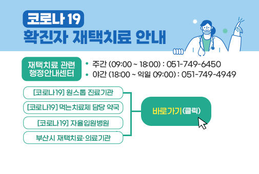 코로나19 확진자 재택치료 안내

재택치료 관련 행정안내센터
 - 주간 (09:00 ~ 18:00) : 051-749-6450
 - 야간 (18:00 ~ 익일 09:00) : 051-749-4949

[코로나19] 원스톱 진료기관, [코로나19] 먹는치료제 담당 약국, 
[코로나19] 자율입원병원, 부산시 재택치료·의료기관
> 바로가기(클릭)